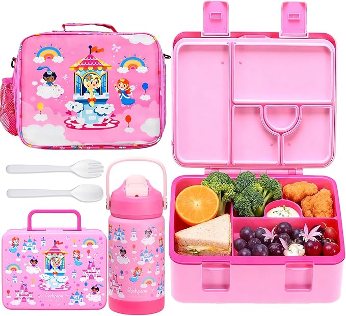 rockpapa Kids Lunch Box Set with 14oz Insulated Water Bottle & Lunch Bag, Leakproof 5.5 Cups Bento Box for School & Children, BPA-Free, Microwave Safe for Boys Girls (Pink Fairies)