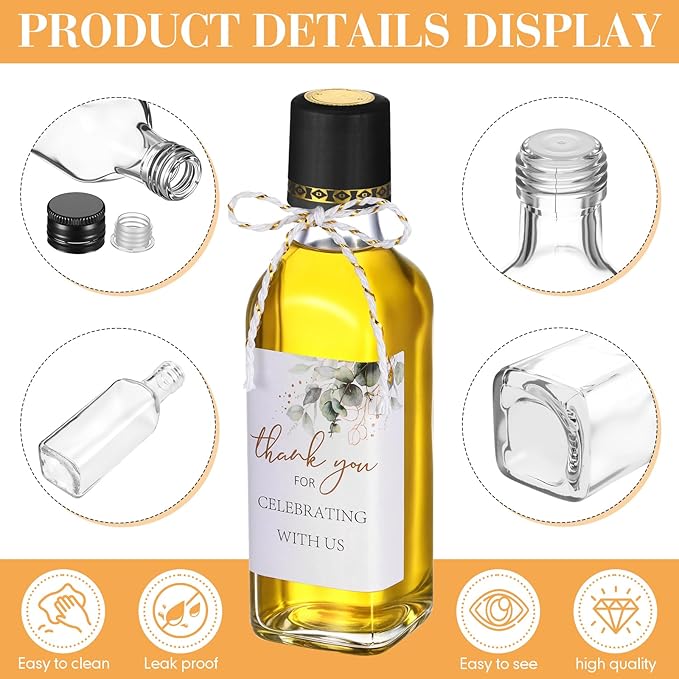 Reallnaive 20 Pack 3 oz Mini Glass Olive Oil Bottles Set, Homemade Wedding Sauce Gift Bottles Leakproof Screw Cap, Thank You Wedding Stickers for Storing Oil Honey Bridal Baby Shower Favors (Black)