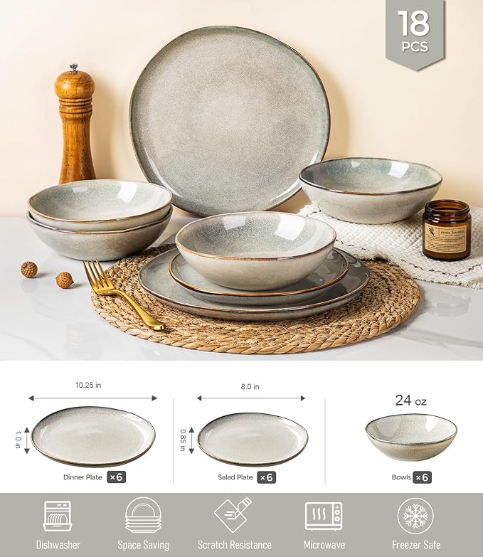 GBHOME Stoneware Dinnerware Sets for 6, 18 Pieces Rustic Earthenware Plates and Bowls Set, Handmade Reactive Glaze Ceramic Plate Sets, Chip Resistant Dishes, Microwave & Dishwasher Safe, Wheat Green