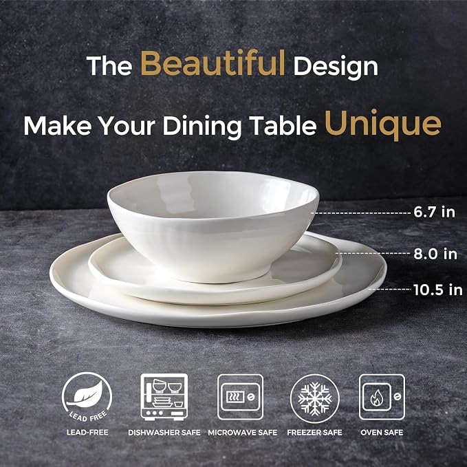 LERATIO Ceramic Dinnerware Sets for 4,Porcelain Plates and Bowls Sets with Wavy Edge,Microwave & Dishwasher & Oven Safe,Light Weight & Scratch Resistant Dishes Sets