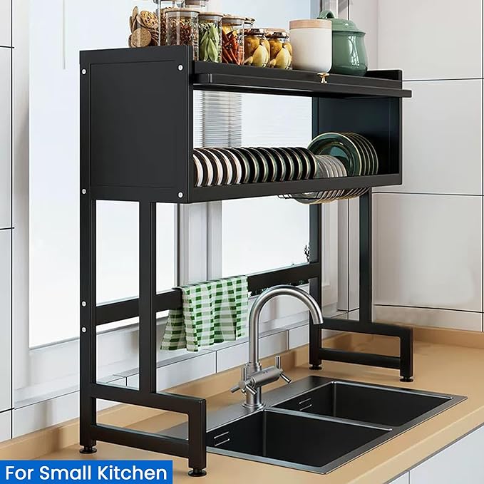 Dish Drying Rack, 3 Tier Over The Sink Dish Drainer Drying Rack, 33.5" Over Sink Dish Rack, Space-Saving Kitchen Sink Organizer, Large Drying Rack with Cover Baskets Black