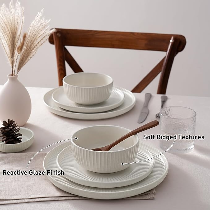 Famiware Starlight 12-Piece Plates and Bowls Sets for 4, Stoneware Dinnerware with Ribbed Textured, Handcrafted Reactive Glaze Dishes - Dishwasher & Microwave Safe, Chip/Scratch Resistant, Matte White