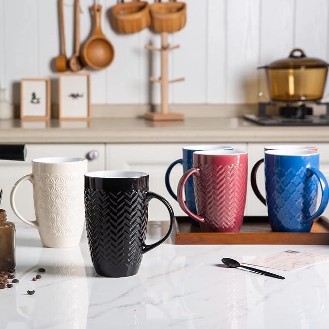 AmorArc Coffee Mugs Set of 6, 16oz Ceramic Lagre Coffee Mugs Set with Textured Geometric Patterns for Latte/Tea/Beer/Hot Cocoa, Dishwasher & Microwave Safe, Blue