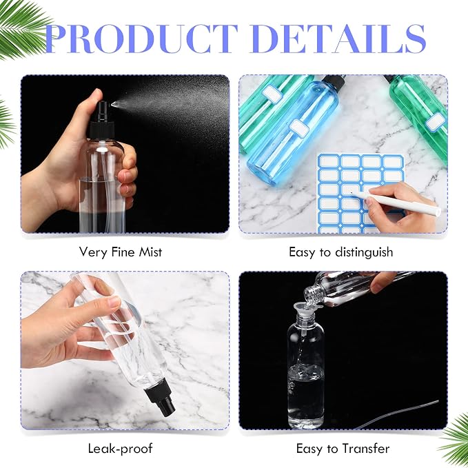 Eccliy 32 Pcs 8 oz Spray Bottles Fine Mist Cleaning Bottles Clear Empty Plastic Travel Sprayer Refillable Sprayer with Cap for Cleaning Solutions Oils Travel Perfumes(Mix,Clear)