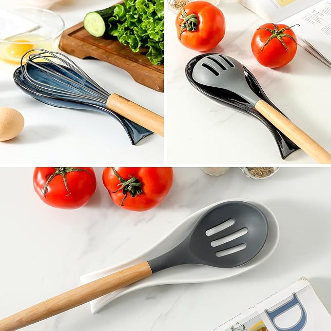 Ceramic Spoon Rest for Stove Top, Large 8.7 Inch Spoon Holder for Kitchen Counter,Porcelain Utensil Rest for Ladle,Spatula,Housewarming Gift,Dishwasher Safe and Heat-Resistant,White and Black,Set of 2