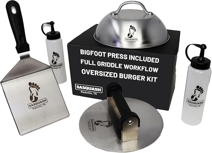 Sasquash Burger Press Kit, 5 Piece Smash Burger Set, Smash Burger Press, Spatula, Melting Dome and 2 Squirt Bottles for Griddle and Grill, Stainless Steel, Kitchen Gadgets, Grilling Accessories