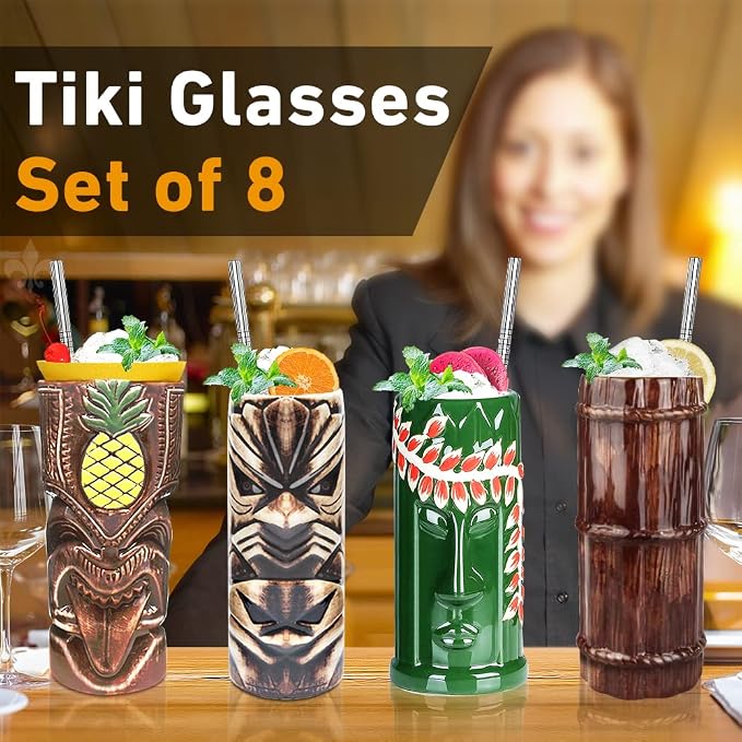 LINALL Tiki Mugs Cocktail Set of 8 - Tumblers Ceramic Hawaiian Luau Party Mugs Drinkware, Cute Exotic Cocktail Glasses, Tiki Bar Professional Hawaiian Party Barware, TKSET0017 (8pcs)