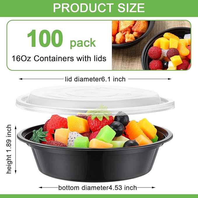 Nuenen 100 Pcs 16 oz Round Meal Prep Containers with Lids Plastic Containers Meal Prep Lunch Box Bowls Take out Food Storage Bento Box Microwavable Freezer Safe(Black)