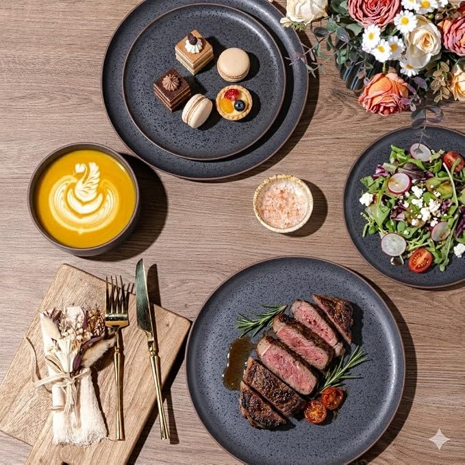 LERATIO Stoneware Dinnerware Sets for 4,Handcarft Ceramic Plates and Bowls Sets,Chip and Scratch Resistant Dishes, Dishwasher & Microwave Safe, Oven safe,Reactive Glaze-Speckled Ashen