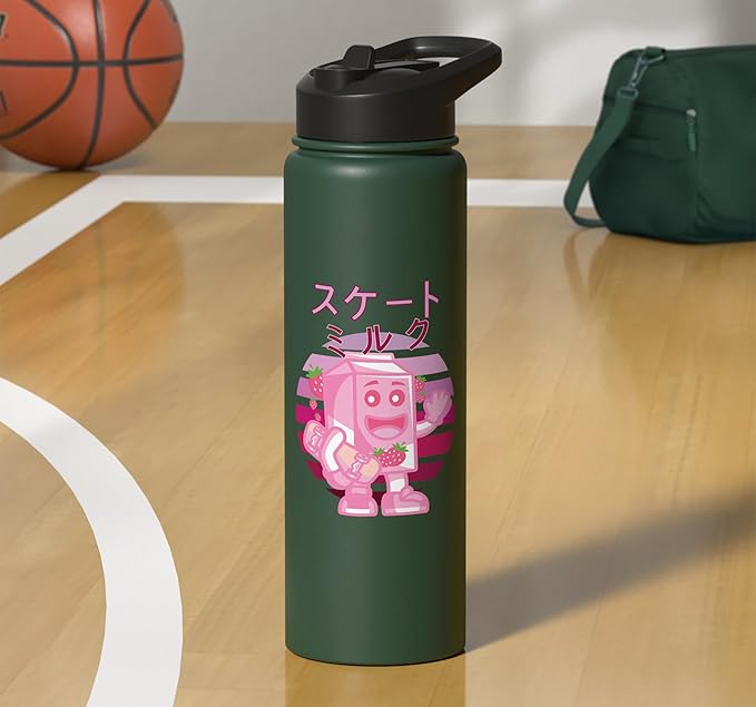 Retro 90s Japanese Skateboarding Strawberry Milkshake Carton Stainless Steel Insulated Water Bottle