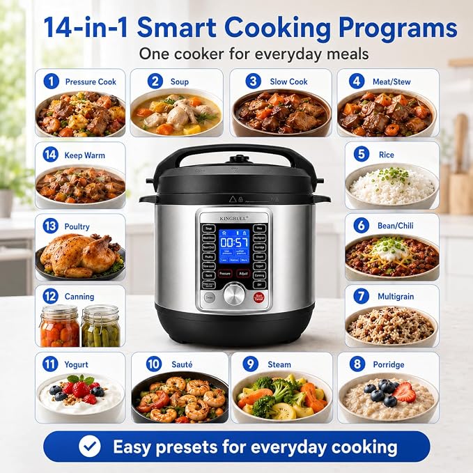 KINGBULL 14-in-1 Electric Pressure Cooker 8 Quart, Stainless Steel Multi Cooker with LCD Display and Knob Control, Slow Cooker, Rice Cooker, Steamer, Sauté, Yogurt Maker, Warmer, DIY Mode