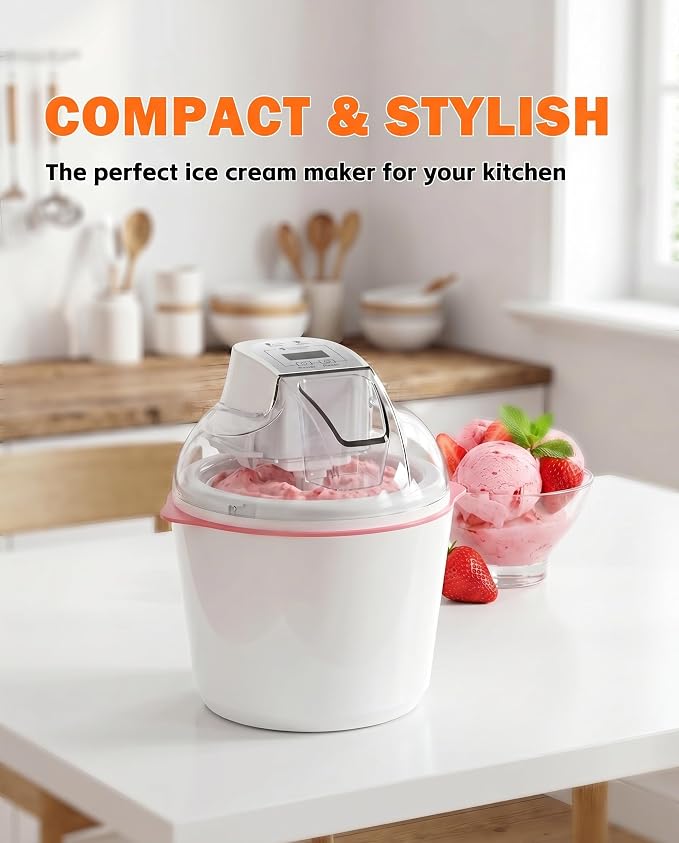 Ice Cream Maker, 1.6 Quarts Ice Cream, Gelato, Sorbet, Milkshakes, Frozen Yogurt Machine for Home, Ice Cream Double Insulated Machine with LCD Screen and Timer, Easy to Clean and Quick