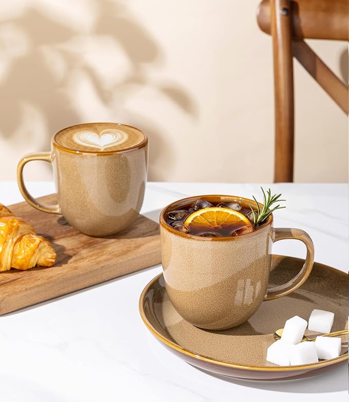 LERATIO Ceramic Coffee Mugs Set of 6,12oz Handmade Coffee Mugs Set with Large Handle for Cappuccino/Latte/Tea/Hot Cocoa, Dishwasher & Microwave Safe-Chestnut