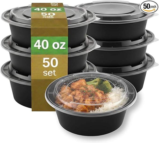 [40 oz Round Meal Prep Containers with Lids – BPA-Free Food Storage Containers, Bento Box for Restaurant & Catering Use, Stackable, Microwave, Dishwasher, Freezer Safe – 50 Pack