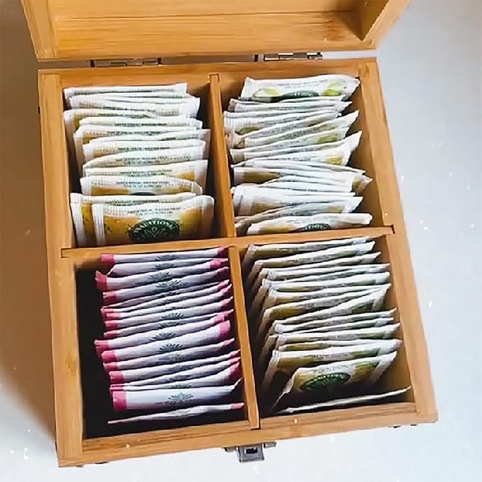 Bamboo Tea Organizer Box Chemical Free Eco-Friendly Big, Tall, Adjustable Cubbies Natural Wooden Storage Chest (4-Slot Square 7.4" x 8.1" x 4.2" with Tea Leaf Design)