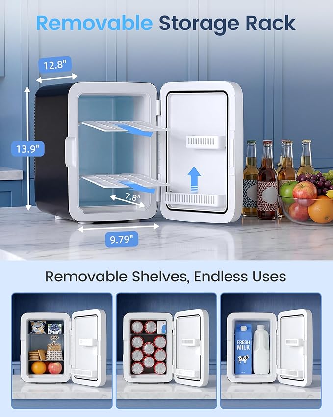 Electactic 10L Mini Fridge, Portable Compact Refrigerator, 2.6 Gal Skincare Cooler with AC/DC Adapter, Quiet Small Personal Fridge for Beverage, Food, Makeup, Bedroom, Office, Black