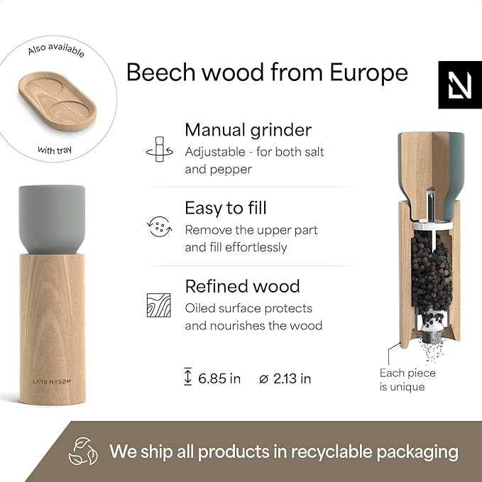 LARS NYSØM Wooden Salt and Pepper Grinder Set Manual - Salt and Pepper Mills with Adjustable Ceramic Grinder - Elegant Beechwood Pepper and Salt Mill Set for Dining Table (Blue/Gray)