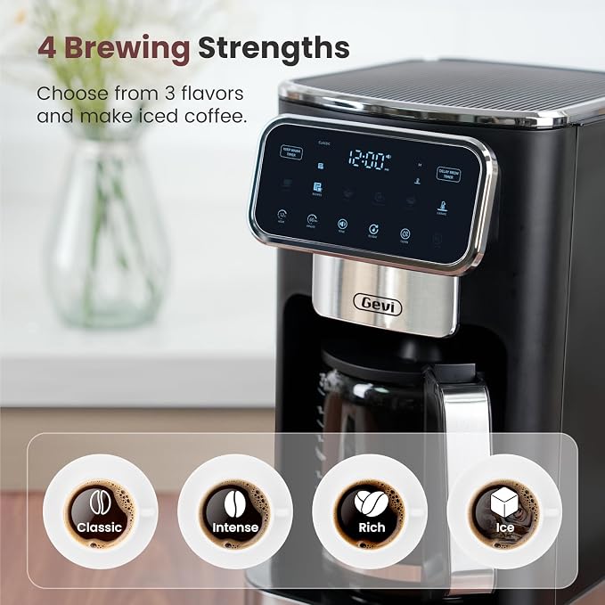 Gevi 12-Cup Programmable Coffee Maker with Touchscreen, Strong Brew & Iced Coffee Options, Auto Shut-Off, 4-Hour Keep Warm, Glass Carafe, Anti-Drip System, Permanent Filter Included
