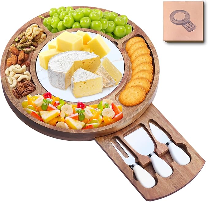 13.5" Round Acacia Wood Cheese & Charcuterie Board Set with Slate Chiller, Hidden Drawer & 420 Stainless Steel Knives/Forks - Ideal Wedding, Housewarming, Birthday Gifts