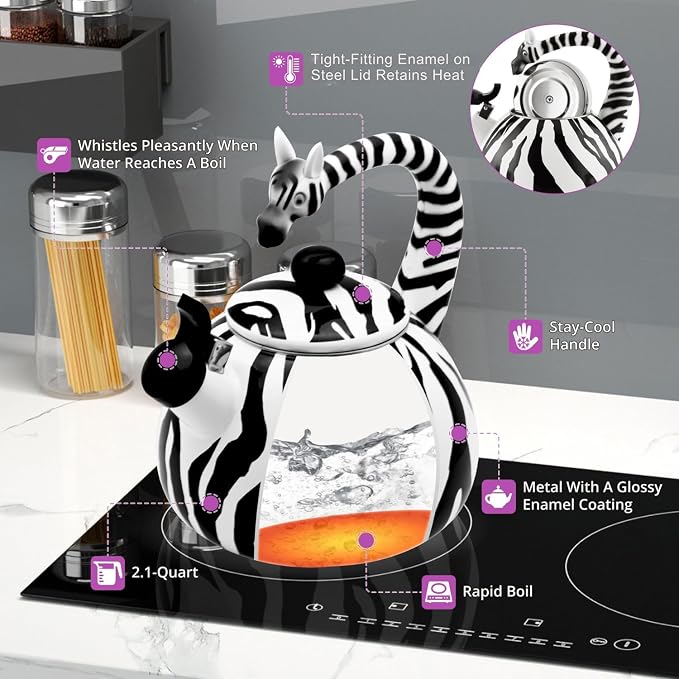Whistling Tea Kettle for Stove Top Enamel on Steel Teakettle, Supreme Housewares Zebra Design Teapot Water Kettle Cute Kitchen Accessories Teteras (2.1 Quart, Zebra)