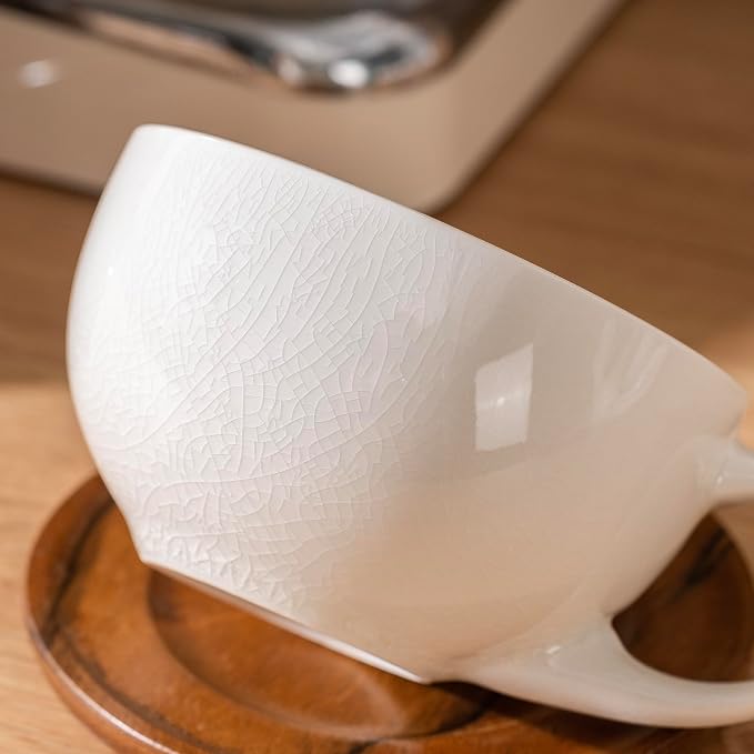 Crackle Glaze Ceramic Coffee Cup with Walnut Wood Saucer, 10oz White Latte Cappuccino Mug, Unique Handmade Cracked Exterior Glaze Espresso Coffee Mug Set for Home Café Office Cup and Saucer Set of 1