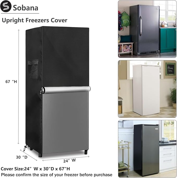 Upright Freezers Cover,Waterproof Outdoor Fridge Cover with Double Zipper for Outdoor 8-12 Cubic Feet Compact Stand Up Freezer Covers (24" W x 30" D x 67" H,Black)