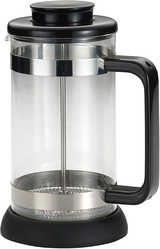 BonJour Coffee Borosilicate Glass French Press with Coaster & Scoop, 33.8-Ounce, Riviera, Black