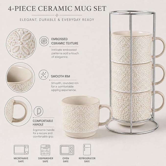 6 Oz Coffee Cups Set of 4, Espresso Cups with Stand, Stackable Cappuccino Mugs Set, Embossed Coffee Cup for Latte, Tea, Cocoa, Mocha, Housewarming Present, Dishwasher Safe
