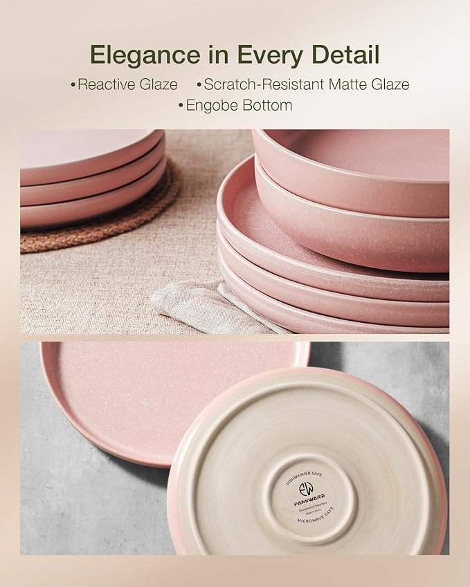 Famiware Milkyway Plates and Bowls Sets, 12 Pieces Dinnerware Sets, Reactive Glaze Dish Set, Stoneware Dishes Set for 4, Light Pink