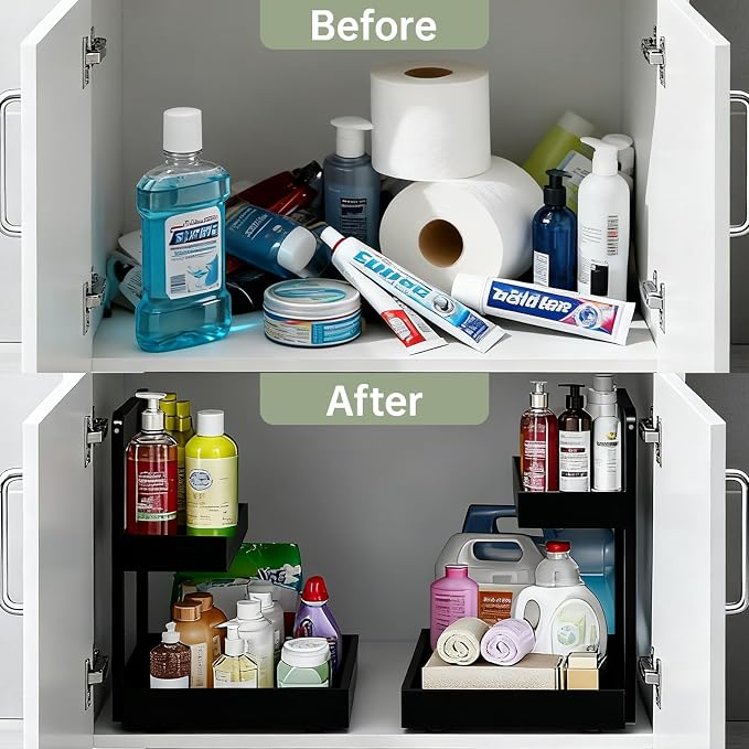 Bamboo Undersink Organizer Storage - 2-Tier Cabinet Shelf with Adjustable Levels, Under Sink Storage Slide Out for Cabinet Pantry Kitchen Bathroom (Black, 2 Packs)