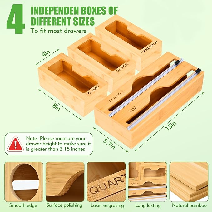 Magnetic Food Bag Organizer for Refrigerator or Drawer, Bamboo Foil and Plastic Wrap Organizer with Cutter, Kitchen Food Storage Bag Holder for Gallon, Quart, Snack, Sandwich, Size Baggie