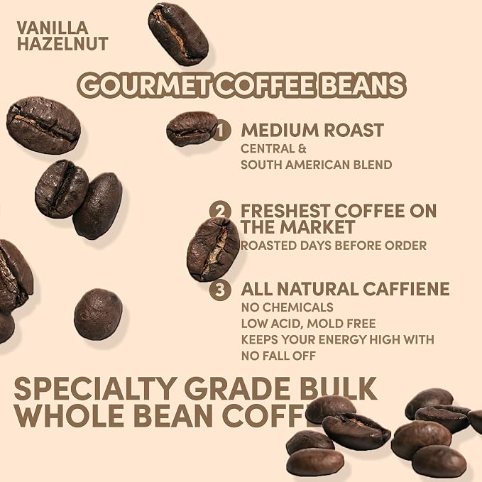 Sarasota Coffee Whole Bean Vanilla Hazelnut | Medium Roast Gourmet Flavored Coffee Beans | Low Acid, Mold Free, Specialty Grade Bulk Beans | 5lb (80 oz)