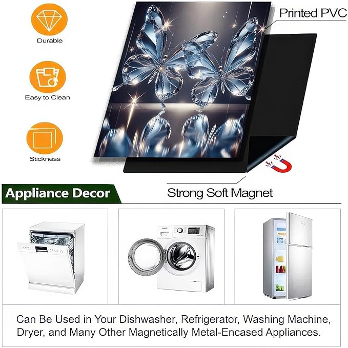 BlissYard Butterfly Dishwasher Magnet Cover 23x26 Inch Crystal Butterfly Kitchen Decor Dishwasher Magnet Cover Refrigerator Magnet Sticker Appliance Cover Protector Decorative Panel Kitchen Appliances