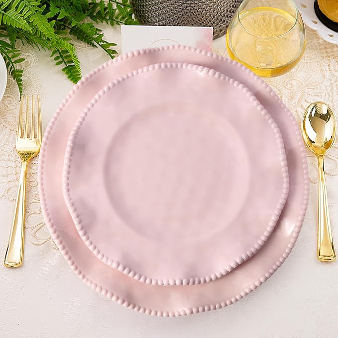 Pink Melamine Dinnerware Sets for 4,Scalloped Plates and Bowls Set with Beaded Edge, BPA Free Dishwasher Safe, Heavy Duty Shatterproof Unbreakable Tableware for Wedding Party Camping Outdoor