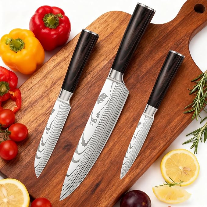 10-Piece Premium Japanese Kitchen Knife Set - Imperial Collection, Laser Damascus Pattern, 440A Stainless Steel Ultra Sharp for Fast Cutting (Redwood 3X)