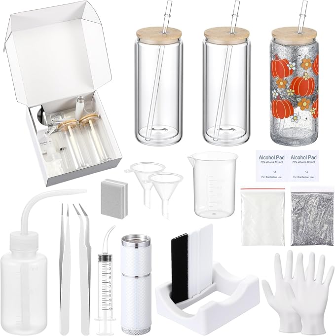 Baderke 20 Pcs Snow Globe Tumbler DIY Kit 16 oz Tumbler Squeeze Bottle, Glitter, Funnel Tweezer Silicone Cup Cradle Measuring Cup Glove Flashlight Buffer for Beginner(White,Classic)