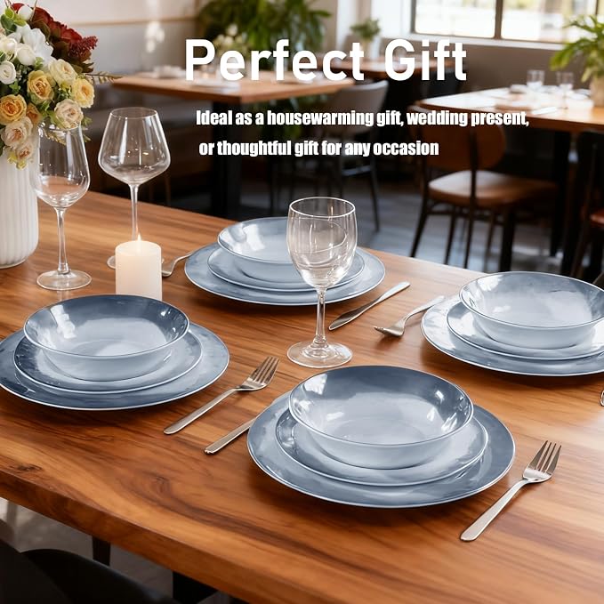 Melamine Dinnerware Sets-12 Pieces Outdoor Plates and Bowls Set for 4, Durable Dinner Plates for Camping Picnics Party, Chip Resistant Dishes, Grey Blue, Dishwasher Safe