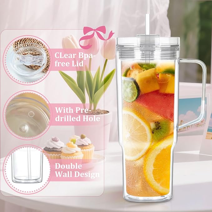 40 Oz Acrylic Snowglobe Tumbler with Handle, 8 Pack Pre-Drilled Double Wall Acrylic Clear Cup Tumbler for Glitter Snow Globe Diy