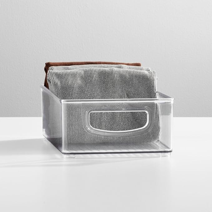 mDesign Small Plastic Storage Organizer Container Bin, Closet Organization for Hallway, Bedroom, Linen, Coat, Entryway - Holds Clothing, Blankets, Accessories, Toys - Ligne Collection, 4 Pack, Clear