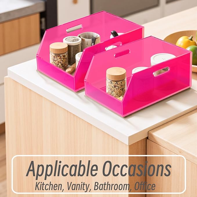 Gelite Stackable Storage Bins Open Front Organizer Bins with Handles Acrylic Storage Container for Pantry Kitchen Cabinet Bathroom Closet Office Organization, 11.4x7.5x5.1'', Neon Pink