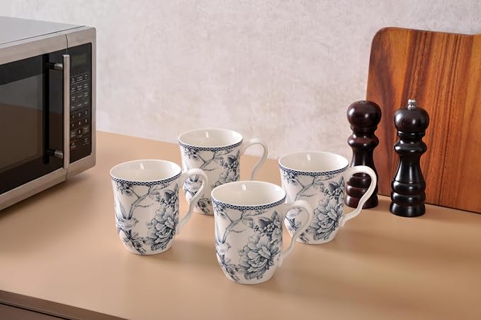 222 Fifth Adelaide Large Coffee Mugs Set of 4, 14.5 oz Porcelain Coffee Cups with Handle, Ceramic Tea Cup for Cappuccino, Latte, Cocoa, Microwave & Dishwasher Safe Decorative Gift Sets, Blue and White