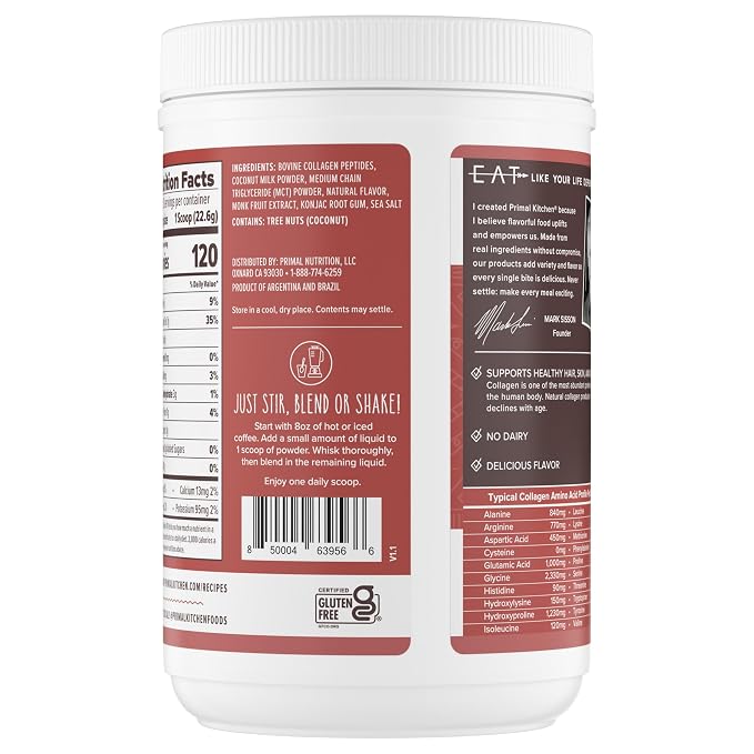 Primal Kitchen Hazelnut Collagen Creamer Powder, Collagen Peptide Drink Mix with MCT Oil,10.34 Ounces