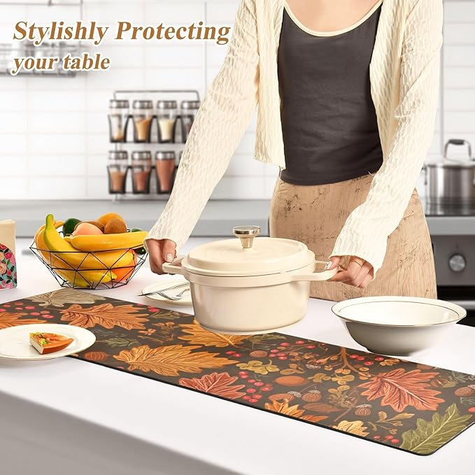 2 in 1 Table Runner Trivet for Hot Pots and Pans Heat Resistant Non Slip Waterproof 39 x 12 Inch Decorative Table Protector for Kitchen Countertop Brown Maple Leaves Acorns Berries Branches