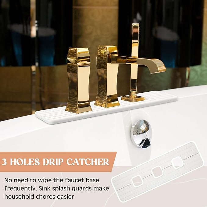 Teenyyou 3 Square Hole White Faucet Mat for Kitchen Sink Bathroom 16.14" x 4.49" Kitchen Faucet Absorbent Mat Diatomite Splash Guard Quick Drying Stone Drip Catcher Hole 1.97" Holes Spaced About 1.97"