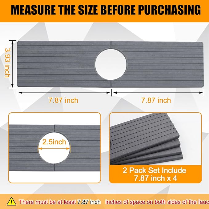 2-Pack Faucet Mat for Kitchen Sink, Diatomite Quick Drying Stone Mat, Splash Guard & Drip Catcher - 15.7x4 Inch Dark Grey, Durable for Faucet Bathroom Counter