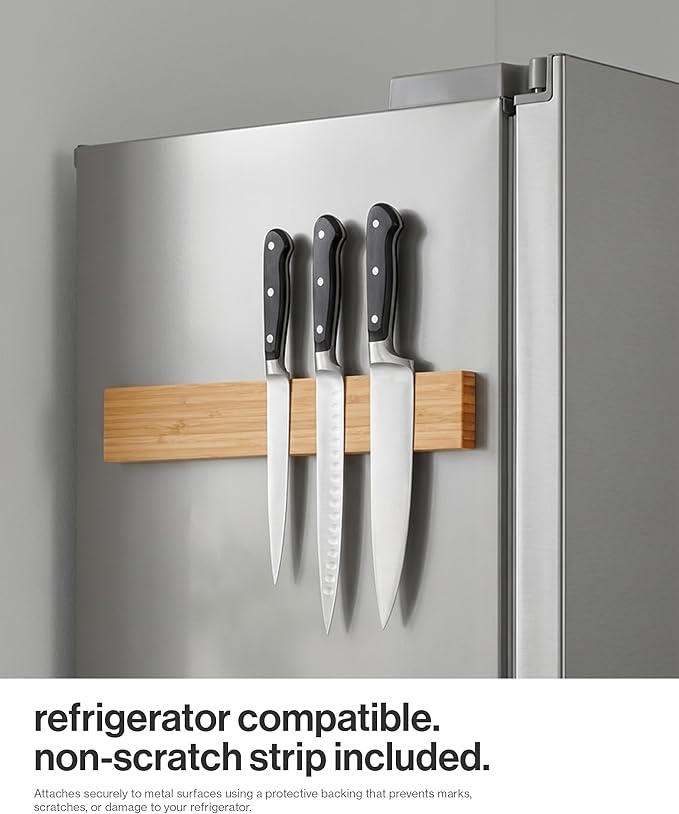 LARHN Magnetic Knife Holder for Wall or Fridge - No-Drill Bamboo Knife Magnetic Strip, 16″ - Renter Friendly