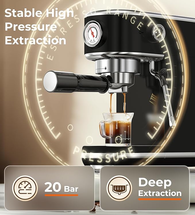 Atatix 20 Bar Espresso Machine with Milk Frother, Professional Compact Espresso Maker, Stainless Steel Coffee Machine with Precise Temp Control & 44oz Removable Water Tank for Latte, Cappuccino, Black