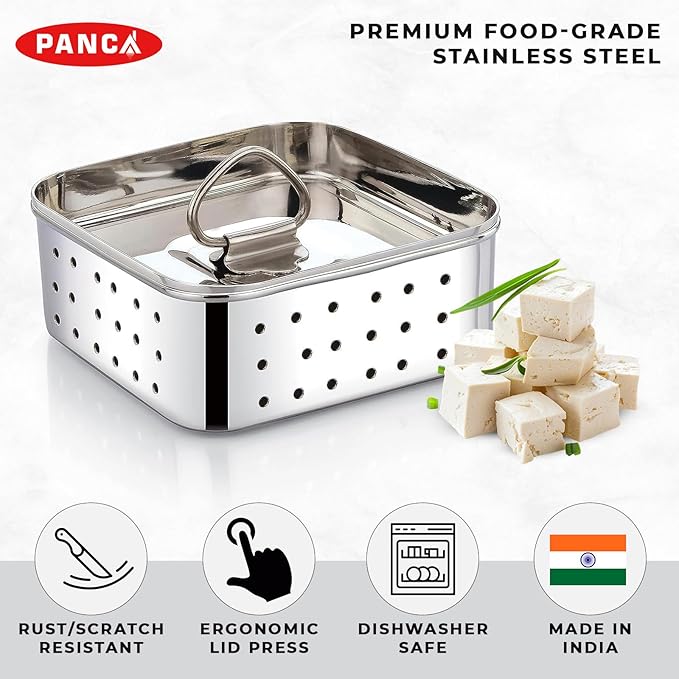 PANCA Stainless Steel Paneer Maker Mould Medium Size, Paneer Press with Lid, Tofu Press Mould Maker, Whey Seperator (Square, 450ml Capacity)