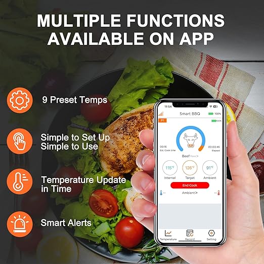 Digital Wireless Bluetooth Meat Thermometer, Standalone Display Base, No need to always open the application, Real-Time Monitoring & Smart Alerts,No need to stay by the grill all the time