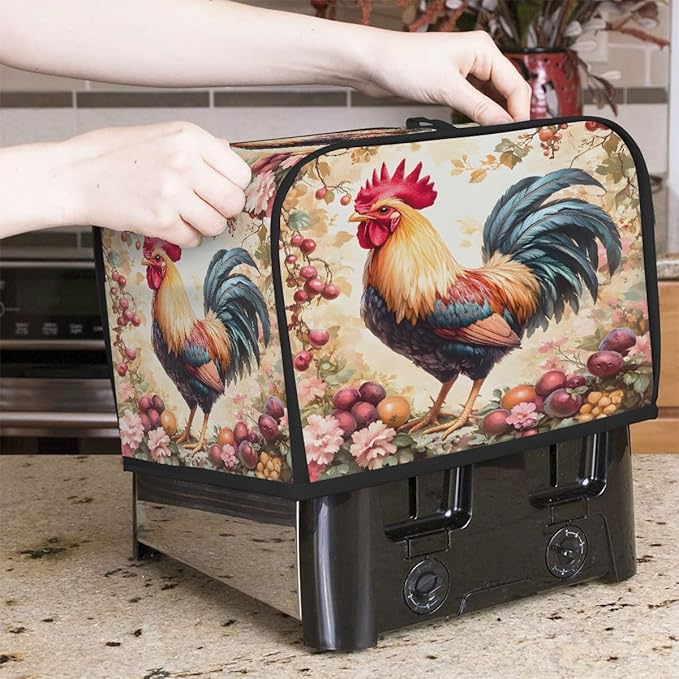 Rooster Flower Animal Toaster Cover 4 Slice Dust and Fingerprint Protection Toaster Bread Maker Covers Washable Kitchen Small Appliance Covers for Kitchen Accessories Decor Bakeware Women Gift